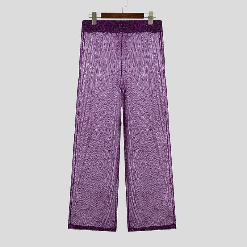 Shiny Men Casual Trousers 2024 Men Fashion Long Pnats INCERUN Elastic Waist See Through Wide Leg Bottoms Trousers Men