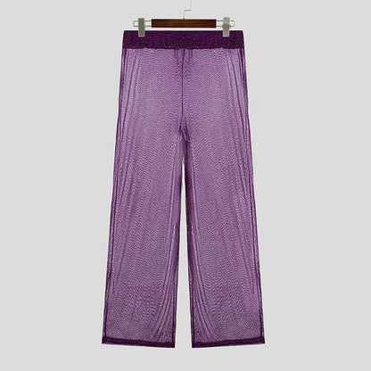 Shiny Men Casual Trousers 2024 Men Fashion Long Pnats INCERUN Elastic Waist See Through Wide Leg Bottoms Trousers Men