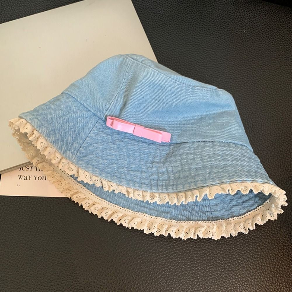 Retro Big Brimmed Denim Bucket Hat Bow Tie Y2K Lace Fisherman Hat Korean Style UV Protection Bow Sunscreen Hat Outdoor