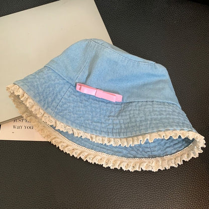 Retro Big Brimmed Denim Bucket Hat Bow Tie Y2K Lace Fisherman Hat Korean Style UV Protection Bow Sunscreen Hat Outdoor