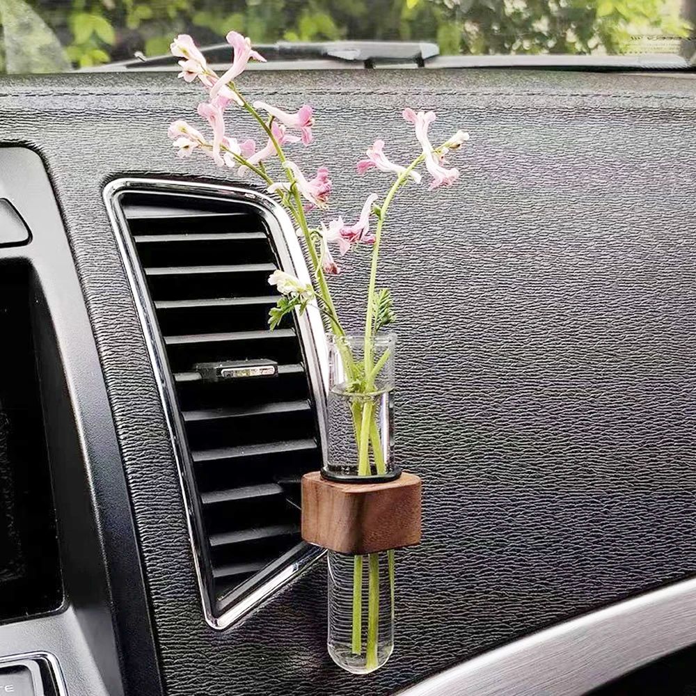 Stable Mini Car Flower Vase Clip Elegant Adjustable Car Vent Flower Vase Walnut and Glass Creative Car Vent Decor Dashboard