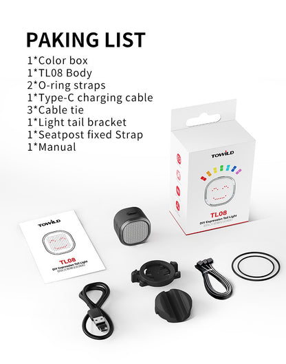 TOWILD TL08 Luz traseira com expressão inteligente 140 LEDs Sensor de frenagem Bluetooth Luz traseira de bicicleta personalizável