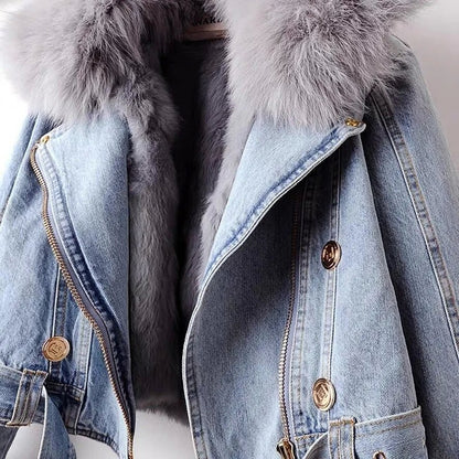 New Winter Denim Jacket Women Fashion Overcoat Faux Fox Fur Collar Jean Coat Female Short Warm Parkas Rabbit Hair Lining Outwear