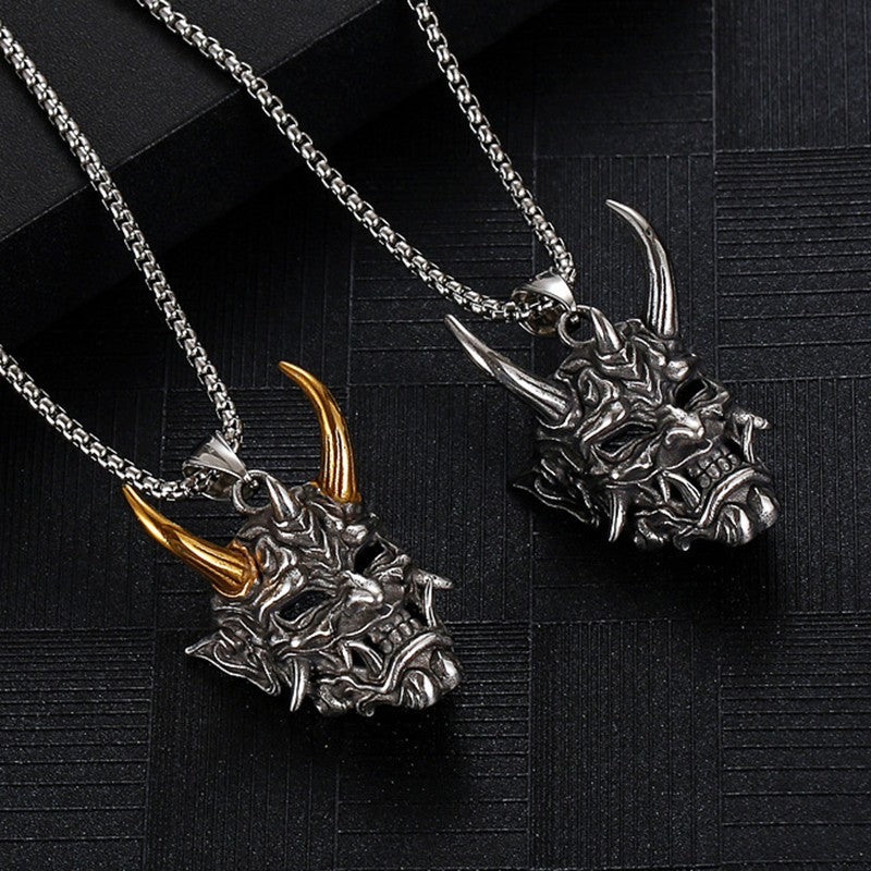 Gold Color Horn Ghost Mask Pendant Necklace For Men Retro Style Stainless Steel Neck Chain Silver Color Jewelry Halloween Gift