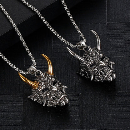 Gold Color Horn Ghost Mask Pendant Necklace For Men Retro Style Stainless Steel Neck Chain Silver Color Jewelry Halloween Gift
