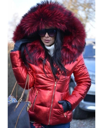 Women’s Short Coat with Fur Collar Winter Warm Quilted Jacket Outerwear