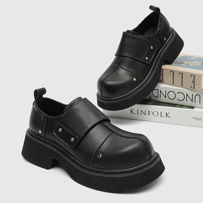 Velcro slip in formal shoes for men thick soled British style black metal decorative loafers casual patent leather shoes trendy