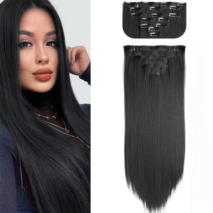 Cabelo Liso Comprido 16 Clipes 7 Pçs/Conjunto de Apliques de Cabelo Sintético Natural Loiro Preto Resistente ao Calor 2026