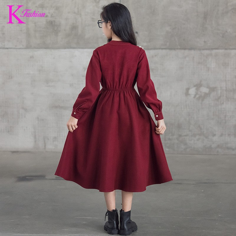 Girls' Dress New Style For  Children Stand Collar Waist-Cinching Slimming Mid-Length Dress Long Sleeve For Kids 5-12Y