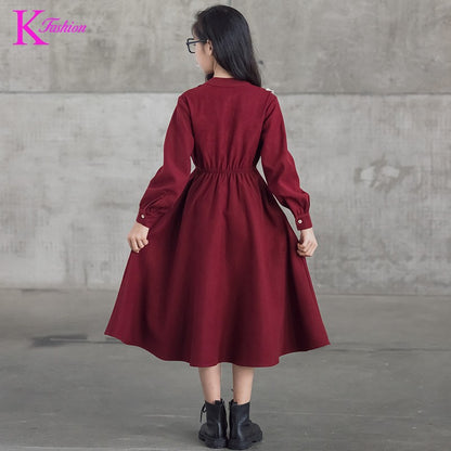 Girls' Dress New Style For  Children Stand Collar Waist-Cinching Slimming Mid-Length Dress Long Sleeve For Kids 5-12Y