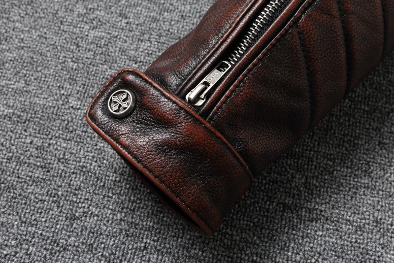 Fashionable Men's Motor Jacket Genuine Cow Leather Coat Male Outerwear Windbreaker Spring Autumn Cloth with Epaulet Brown