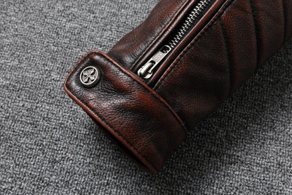 Fashionable Men's Motor Jacket Genuine Cow Leather Coat Male Outerwear Windbreaker Spring Autumn Cloth with Epaulet Brown