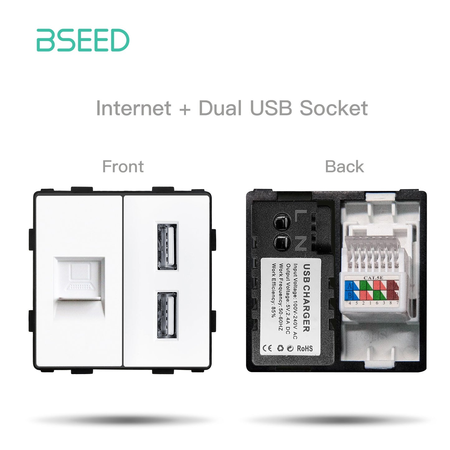 BSEED EU Standard Wall Socket with USB RJ45 TV Satellite Plug Glass Panel DIY Free Combination Function Part for Home Automation