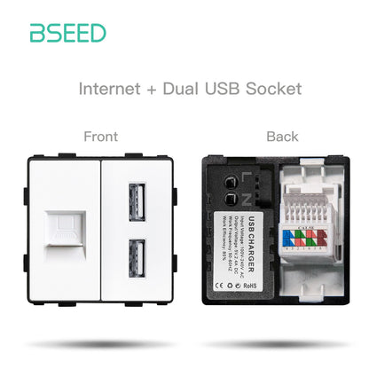 BSEED EU Standard Wall Socket with USB RJ45 TV Satellite Plug Glass Panel DIY Free Combination Function Part for Home Automation