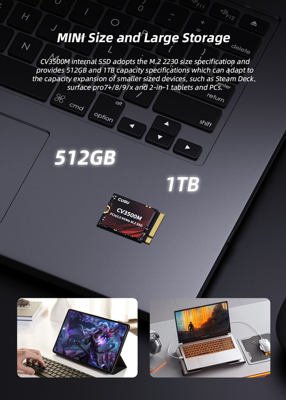 CUSU SSD 2230 512 GB 1 TB NVMe M2 SSD Disco Rígido Pcie3.0 Unidade de Estado Sólido Interna para Steam Deck Microsoft Surface Pro7/8/9