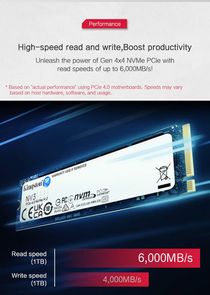 SSD Kingston NV3 500 GB 1 TB 2 TB NVMe PCIe Gen 4.0x4 Unidade de Estado Sólido M.2 2280 SSD Interno Para Desktop Notebook - Até 6000 MB/s