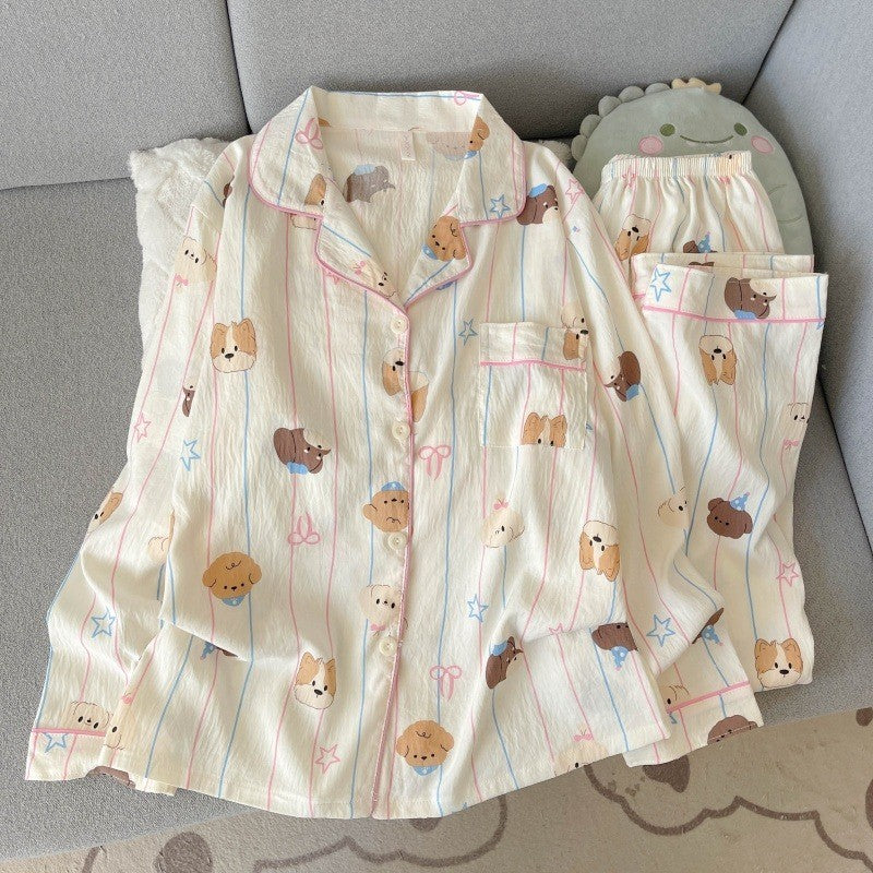 Harajuku Style Kawaii Sweet Loungewear 2 PC Set Line Star Dog Print Cute Casual Women's Pajamas Autumn Long New Fashion Homewear