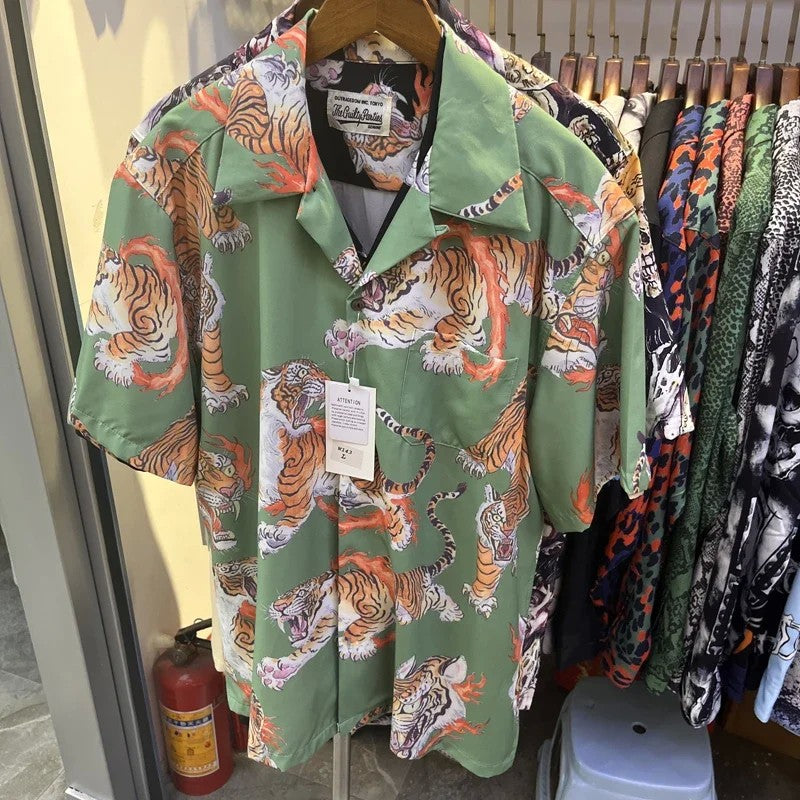 Classics Summer WACKO MARIA Shirts Full Print Leopard Rayon Short-sleeved Real Photos Hawaiian Shirt for Men Women