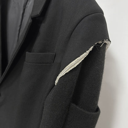 High Street Men's and Women's RO Dark Show Knitted Edge Splicing Sleeve Wide Shoulder Windbreaker Coat Medium Length Blazer Coat