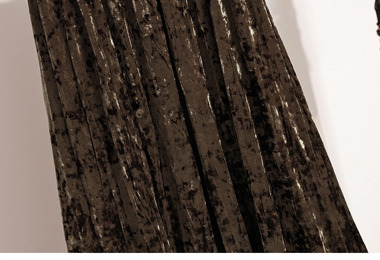 Autumn Winter Girls New A-line Velvet Skirt 2025 Plus Size Gold Velvet Half Pleated Skirt Solid Versatile High Waist Mid Skirt