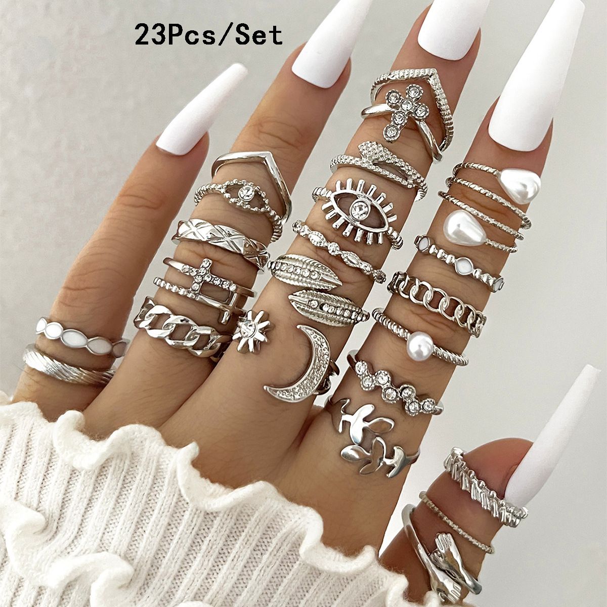 Conjunto de 23 Anéis de Nudilho da Moda para Mulheres com Cristal Estrela Lua Olho Onda Cor Ouro Prata Anéis Femininos Jóias da Moda para Festa Presente