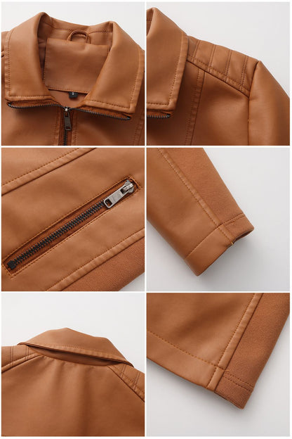 2025 Women’s Stylish Brown Faux Leather Jacket - Slim Fit, Trendy Moto Style with Zipper Detail PU Coat.