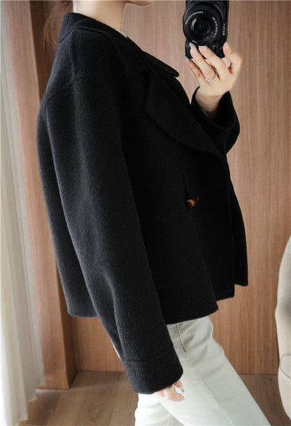 2024 Autumn Winter Double Sided Women Woolen Coat New Fashion Solid Short Outerwear Loose Double Breasted Wool Jacket Female Top