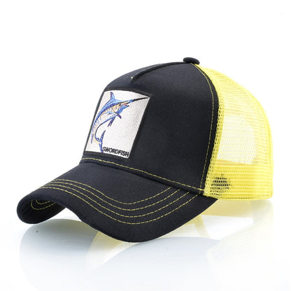 Bonés de Beisebol de Malha Respirável Masculinos e Femininos para Atividades ao Ar Livre, Viseira Casual de Praia, Chapéus de Caminhoneiro Modernos com Remendo de Peixe-Espada e Ossos