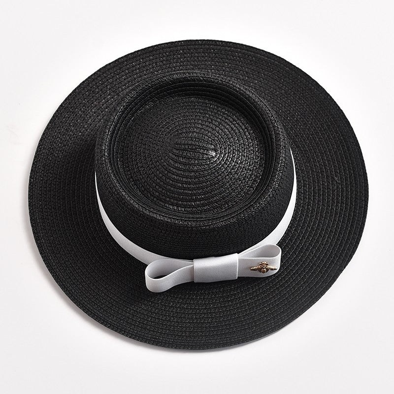Novos Chapéus de Palha Primavera Verão Femininos de Superfície Ondulada, Topo Reto, Laço, Boné de Vestido, Chapéu de Sol para Viagem e Praia, Gorra