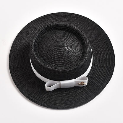 Novos Chapéus de Palha Primavera Verão Femininos de Superfície Ondulada, Topo Reto, Laço, Boné de Vestido, Chapéu de Sol para Viagem e Praia, Gorra