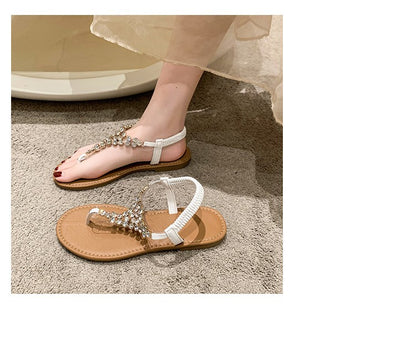 Summer New Flat Transparent Rhinestones Pintoe Women's Sandals, Fashion Casual Light Beach Cool, Shoes Women