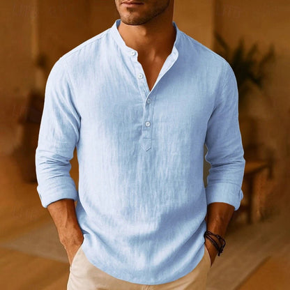 New Men Casual Shirts Lightweight Long Sleeve Henley Cotton Shirts for Beach Linen Shirts Hawaiian Breathable Collar Tops