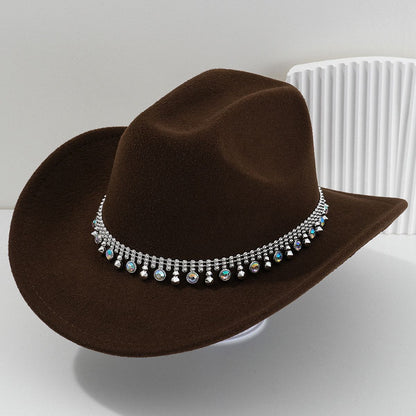 Boné Feminino Ocidental Brilhante com Pedrarias Chapéu Panamá Jazz Festa Temática Boné Vintage com Aba Larga Chapéu de Cowgirl para Festa Viagem
