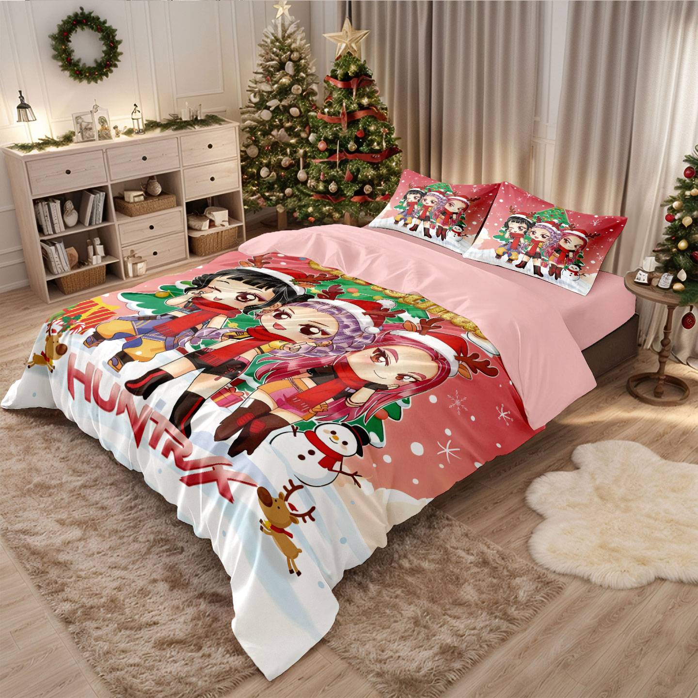 Conjunto de Colcha de Natal K-Pop Demon Hunters com Estampa Sem Lascas (3 Peças) para Quarto/Dormitório, Lavável à Máquina