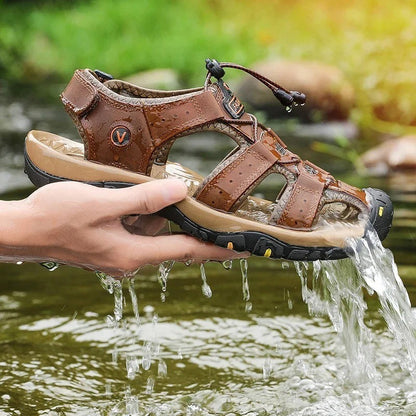 Big Size Men's Sandals Summer Anti-collision Outdoor Walking Treking Casual Shoes Leather Hiking Men Slippers Beach Wading Shoes