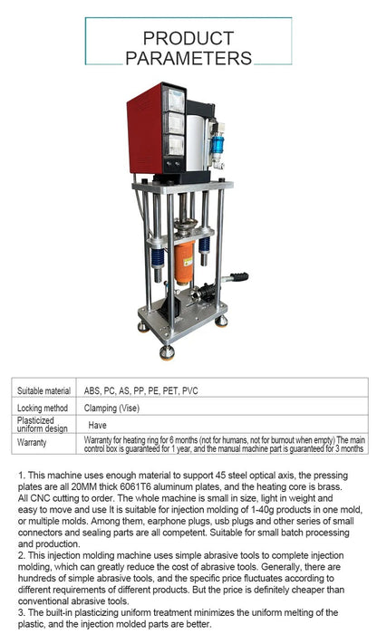 220V Small Table Type Pneumatic Injection Molding Machine 100g Vertical Desktop Polymer ABS PP PC as PE PET PVC Plastic Mold