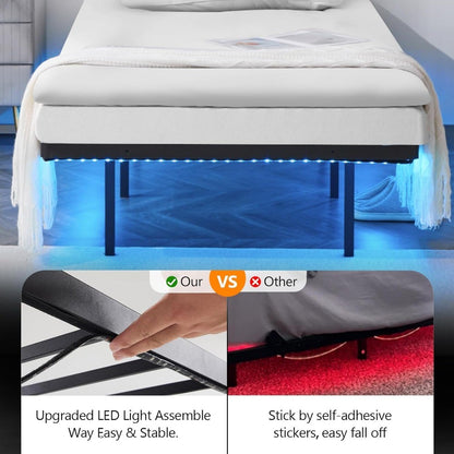 Twin Size Heavy Duty Metal Bed Frame with USB Charging and LED Lights, 14 Platform Bed Frame