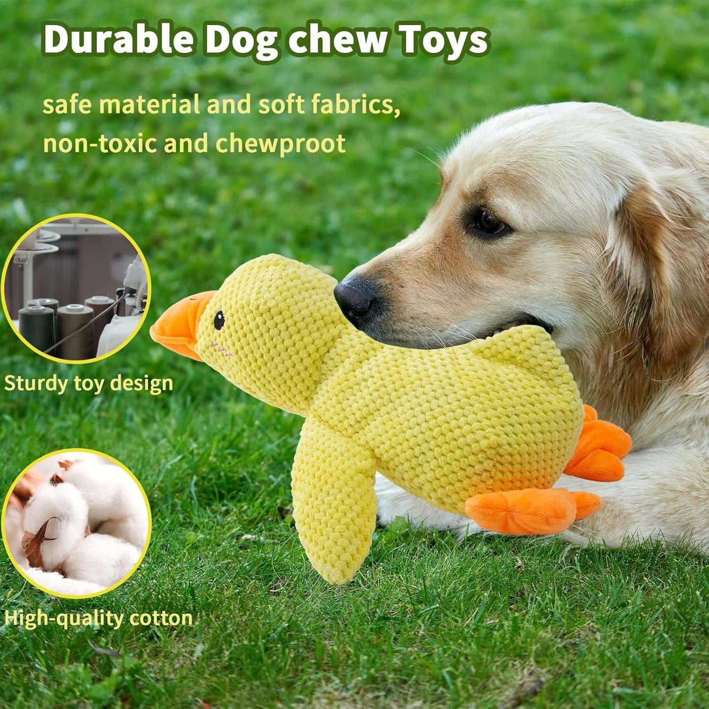 Brinquedo de cachorro pato de pelúcia resistente à mastigação com som de grasnido para alívio do ranger dos dentes, companheiro macio para cães pequenos e grandes
