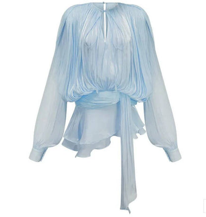 Beige Top Solid Blouse Mini Dresses For Women V Neck Long Sleeve Spliced Lace Up