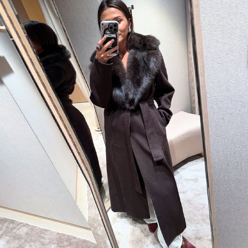 Solid Fur Collar Woolen Maxi Coat Women Fashion Lapel Full Sleeve Lace Up Pocket Loose Long Jacket Lady Autumn Daily Street Wear