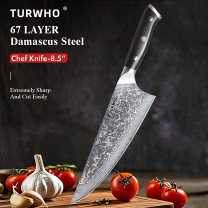 TURWHO 8.5" Kitchen Gyuto Knives 67 Layer Damascus Steel Professional Chef Knife Sharp Meat Cleaver Slicing Kitchenware Tools