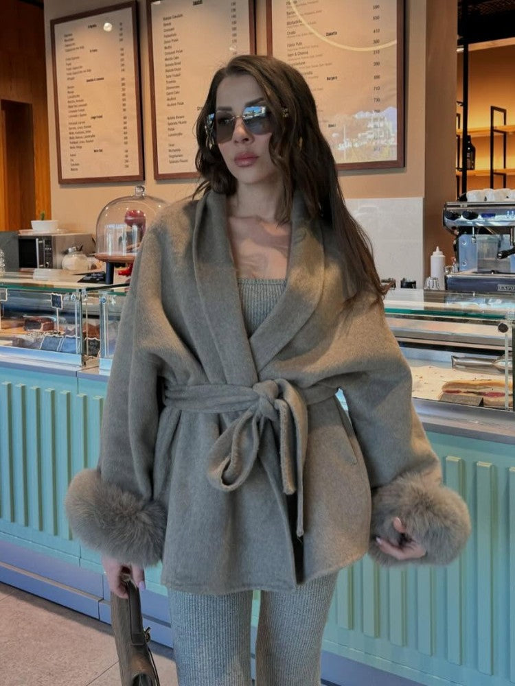 Solid Lace Up Faux Fur Sleeve Jacket Woman Elegant Mid-length V-neck Woolen Blend Coat Autumn Casual Fashion Scarf Outwear 2025