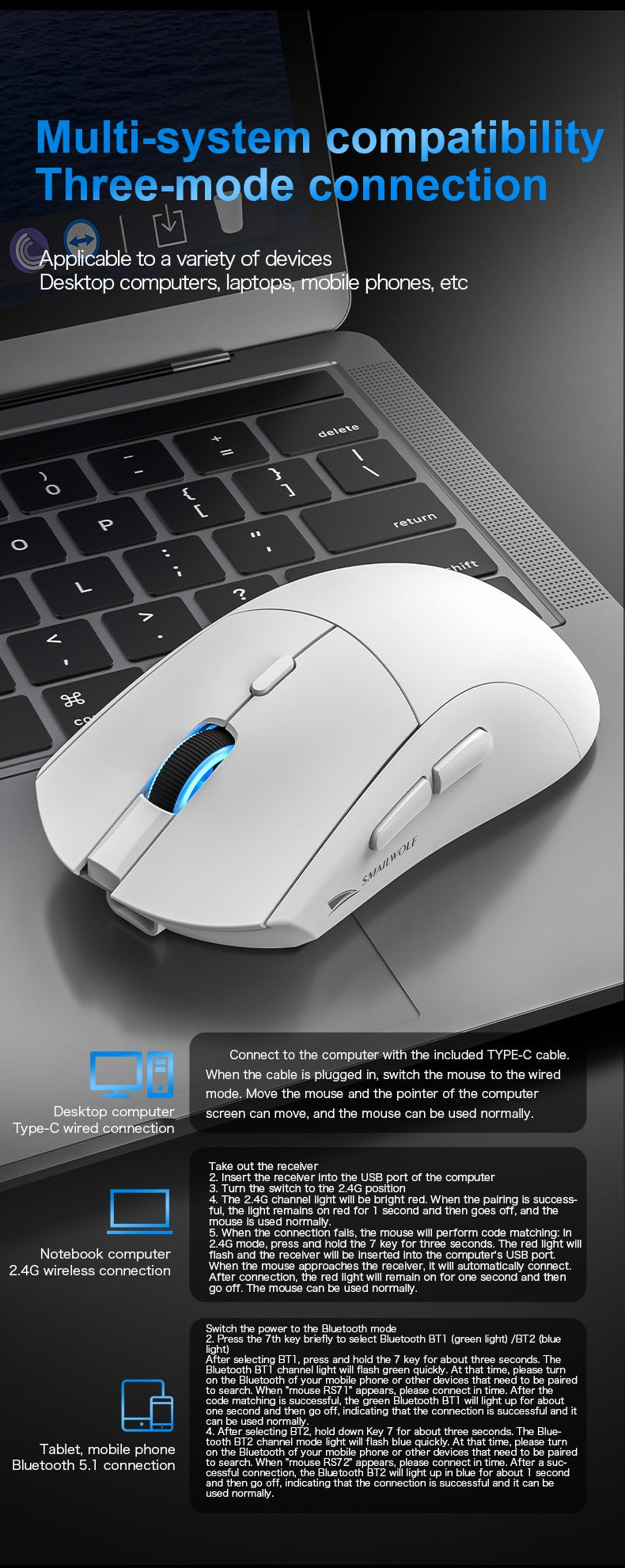 SMAILWOLF RS7 mouse gamer sem fio Bluetooth três modos e-sports 2000DPI mouse de escritório e jogos PAW3311 ajustável em seis velocidades