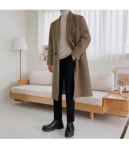 Mauroicardi Autumn Winter Long Warm Camel Black Woolen Coat Men Double Breasted Korean Style Wool Blends Overcoat with Back Slit