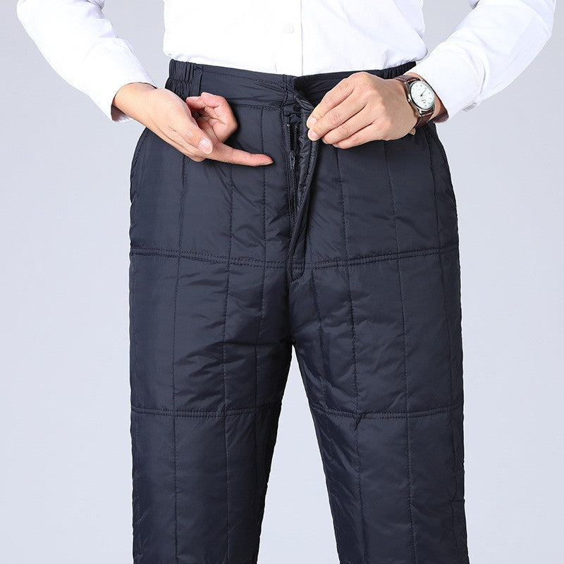 Inverno Masculino Calça de Pato Branco Cintura Alta Engrossada Quente Corta-Vento Térmica Calças para Homem de Meia-Idade PT-593
