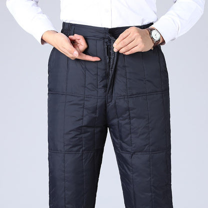 Inverno Masculino Calça de Pato Branco Cintura Alta Engrossada Quente Corta-Vento Térmica Calças para Homem de Meia-Idade PT-593