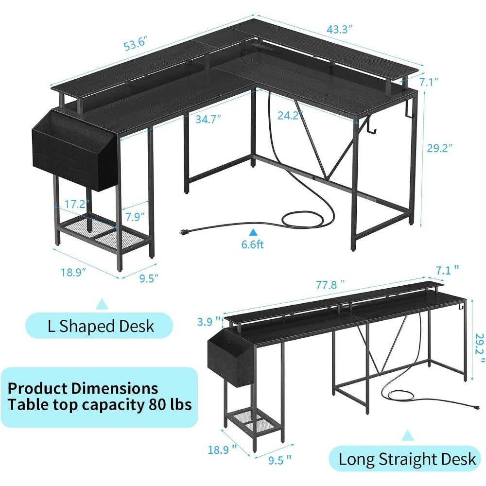 53inch L Shaped Desk,L Shaped Gaming Desk with Power Outlets & LED Lights, Computer Desk with Monitor Stand & Storage Bag, Home