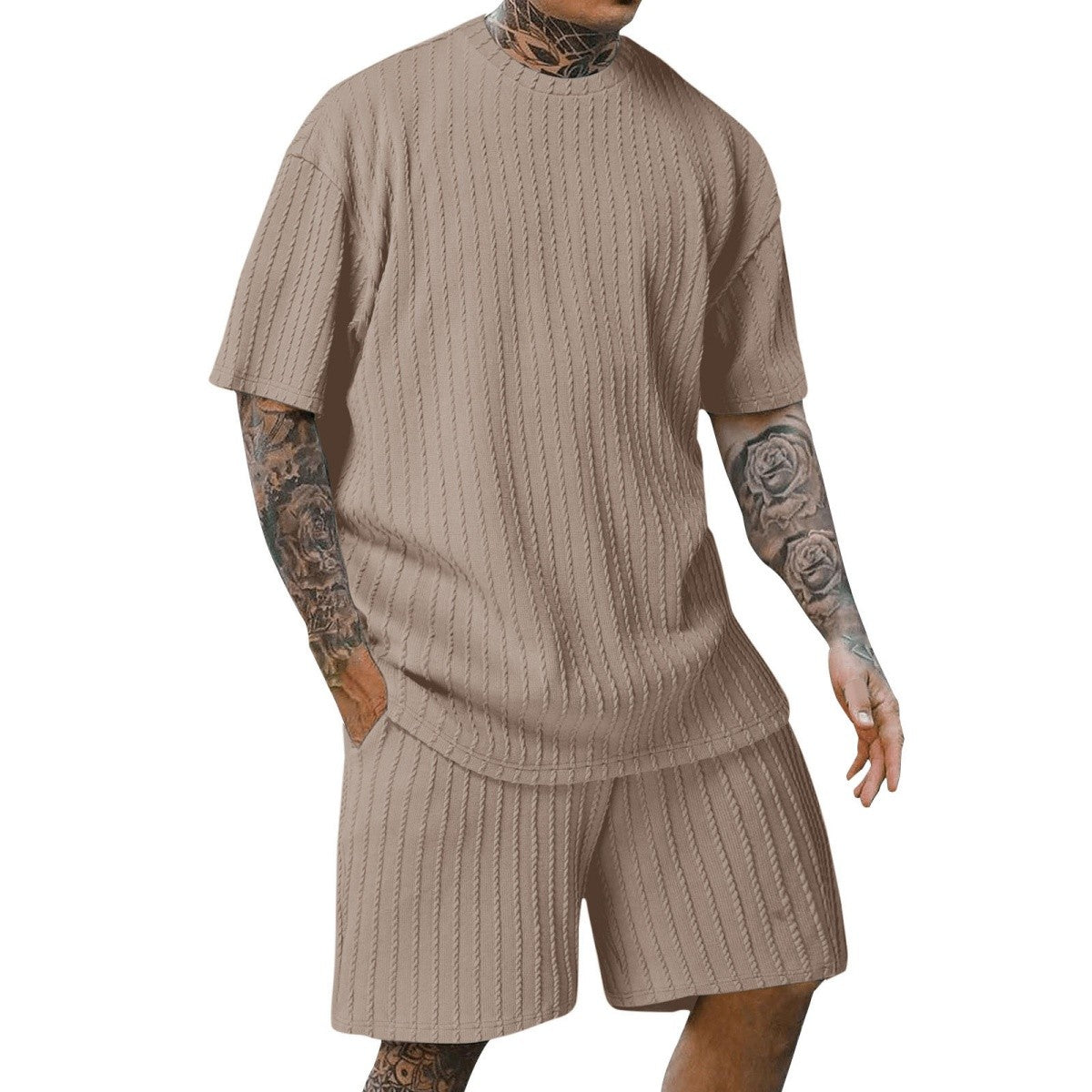 Men's new fashion summer sports solid color crew-neck vertical stripe T-shirt shorts short-sleeved suit Loose two-piece set