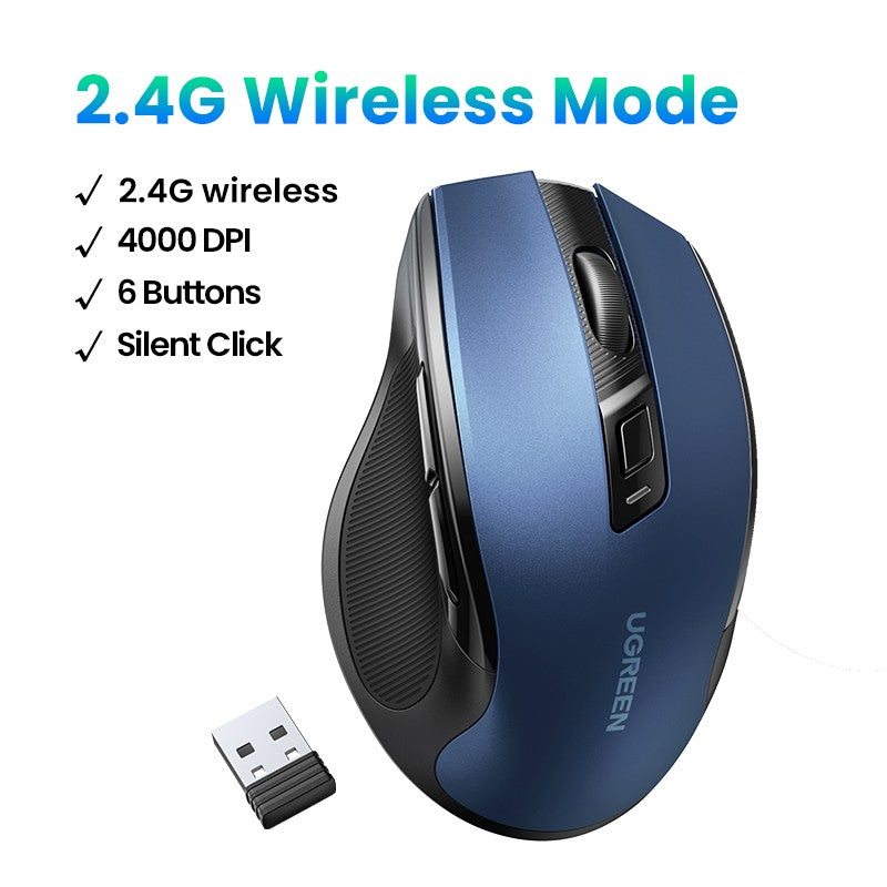 Mouse sem fio UGREEN Bluetooth 5.0 Mouse ergonômico 4000DPI 6 botões silenciosos Mouse para MacBook Tablet Laptops Computador PC 2.4G