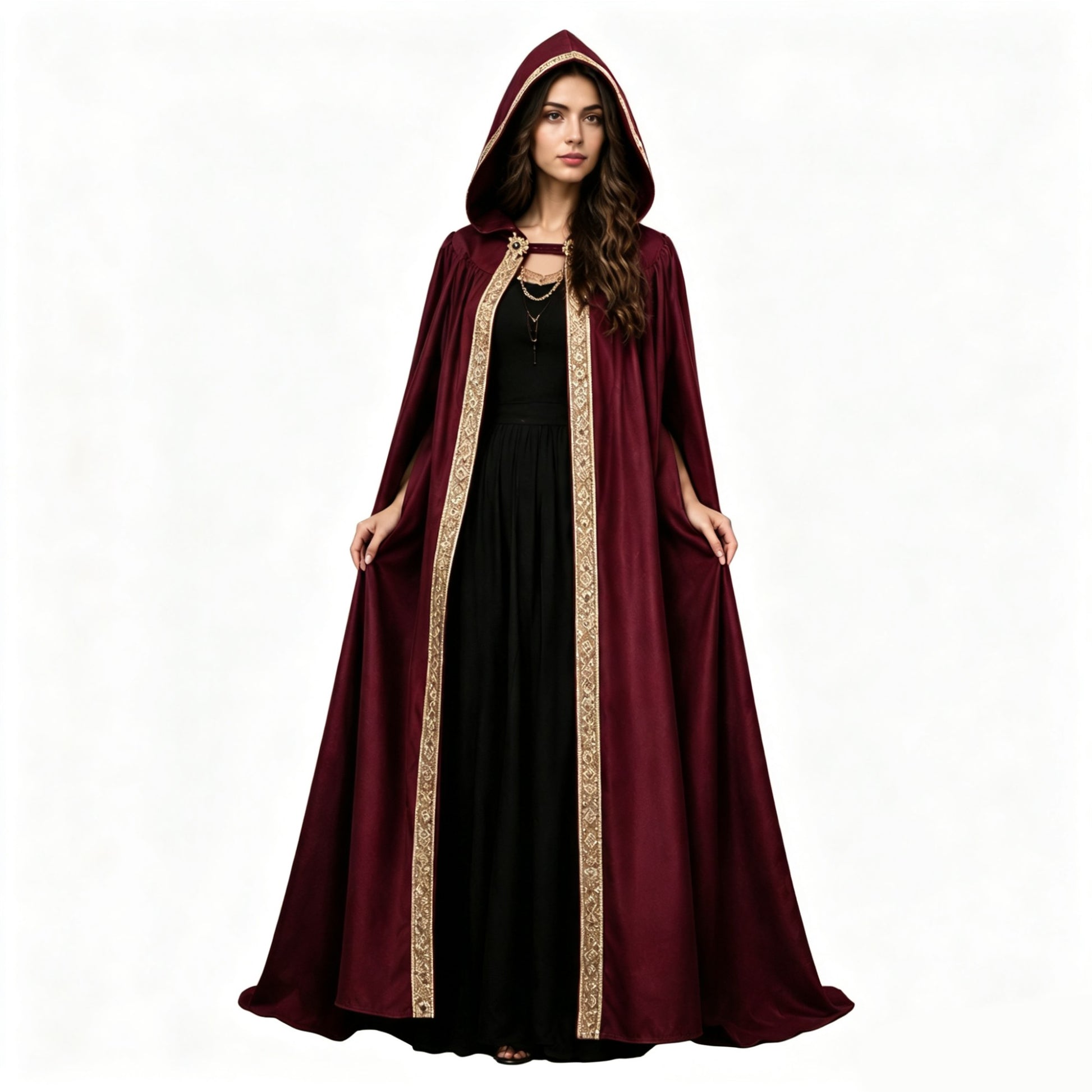 Elegant Medieval Hooded Floor Length CloakTrim Cape Chain Brooch for Adult Wedding Photoshoot Halloween Gothic Cosplay Costume